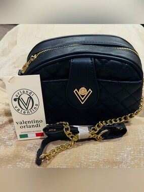 Valentino Orlandi Black Quilted Crossbody with Gold Hardware